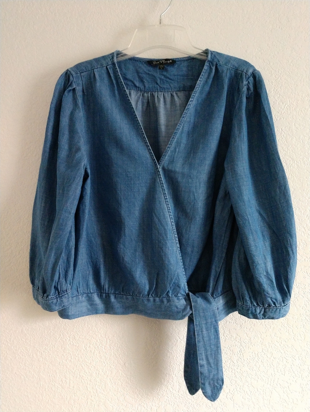 Cute Velvet Heart CROP Chambray Shirt Wrap Front 3/4 Sleeve Size Large Chest 40"